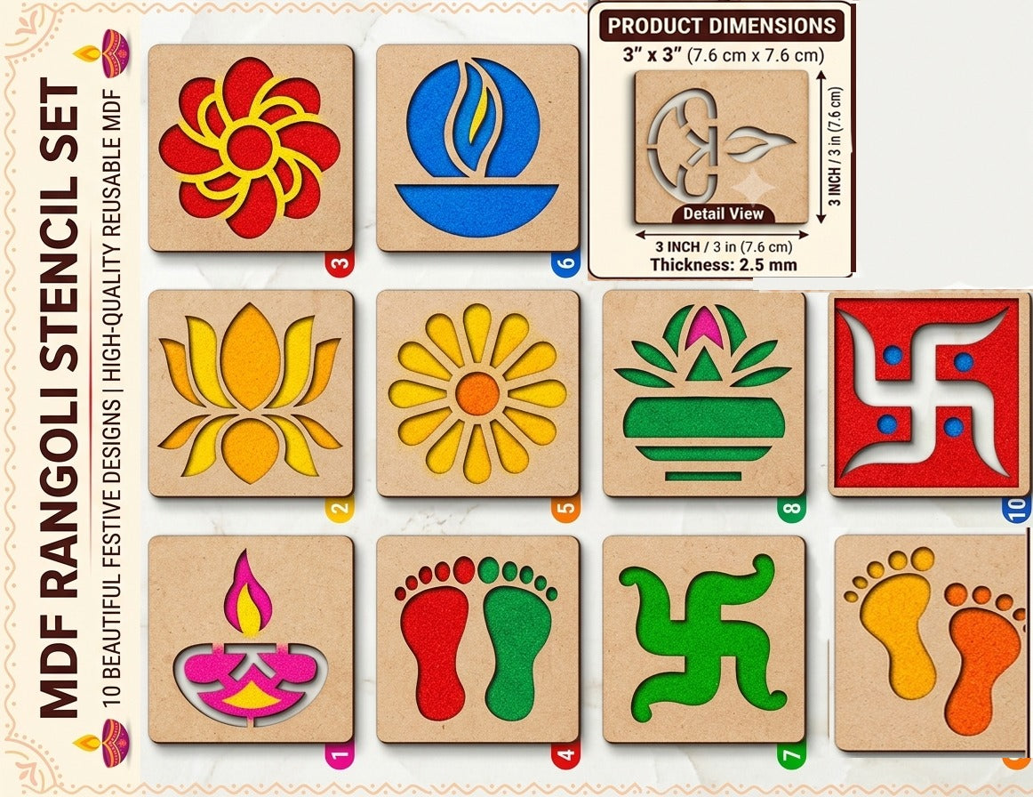 Wooden Rangoli Die Set for Home Decoration – 10 Pcs