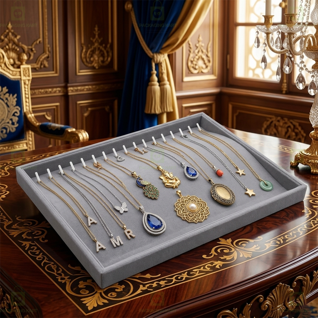 Premium Velvet Wooden Chain Tray for Jewellery Display | Elegant Necklace Organizer