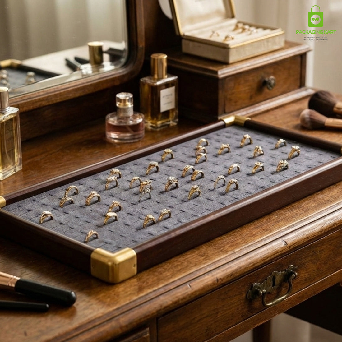 Fancy Velvet Rings Wooden Display Tray for Jewellery