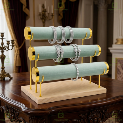 Wooden Velvet Bangles Display Stand – 3 Roll Jewellery Organizer for Bracelets & Bangles