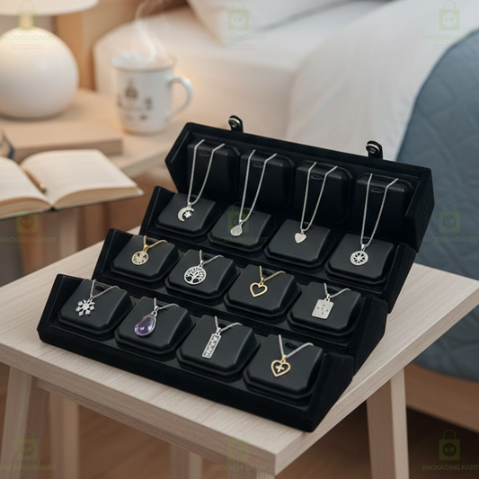 Black Velvet Jewelry Box for Chain & Pendant – 16 Compartment Case