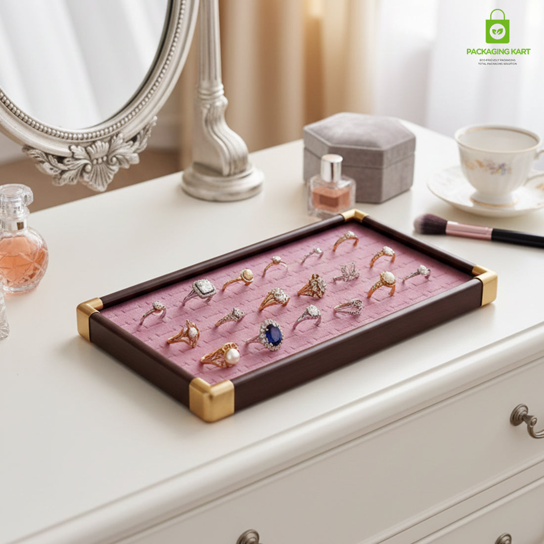 Fancy Velvet Rings Wooden Display Tray for Jewellery