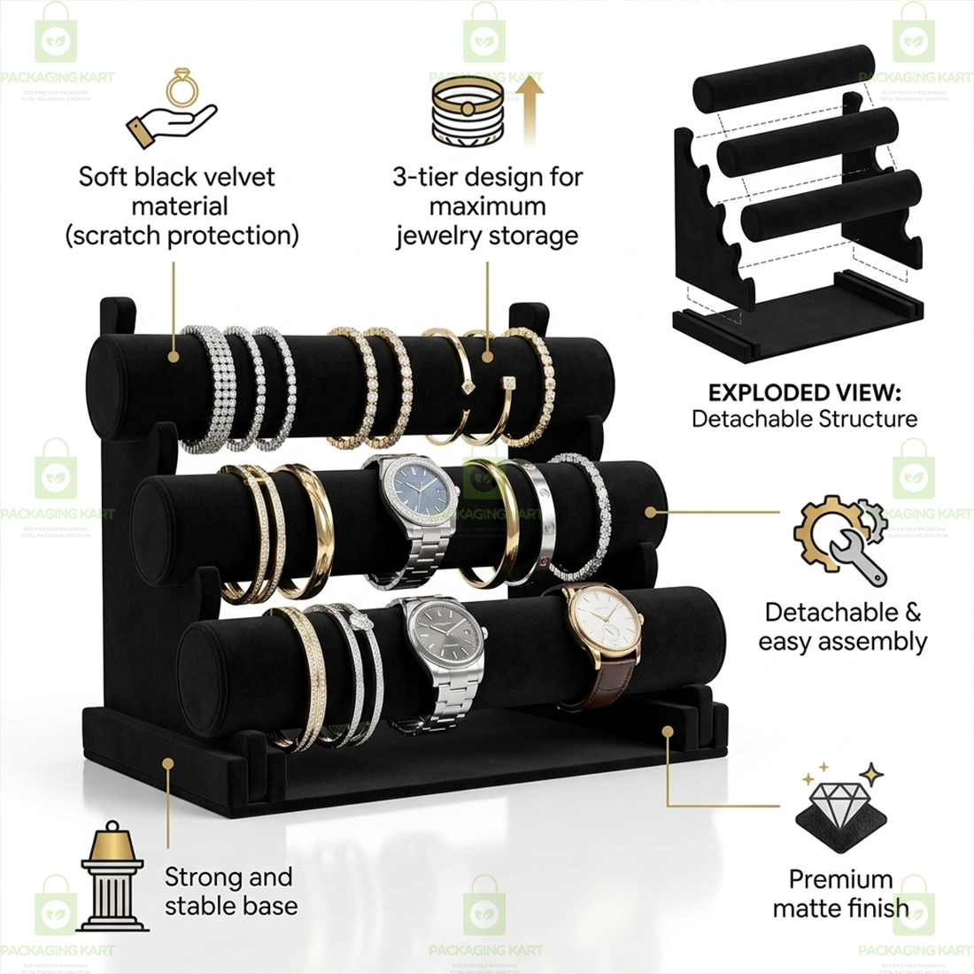 Wooden Bangle Display Stand with Velvet Finish – 3 Layer Jewellery Holder Rack