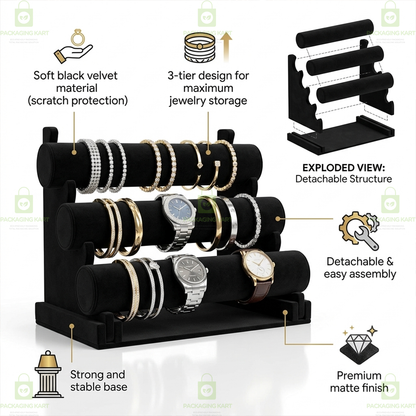 Wooden Bangle Display Stand with Velvet Finish – 3 Layer Jewellery Holder Rack