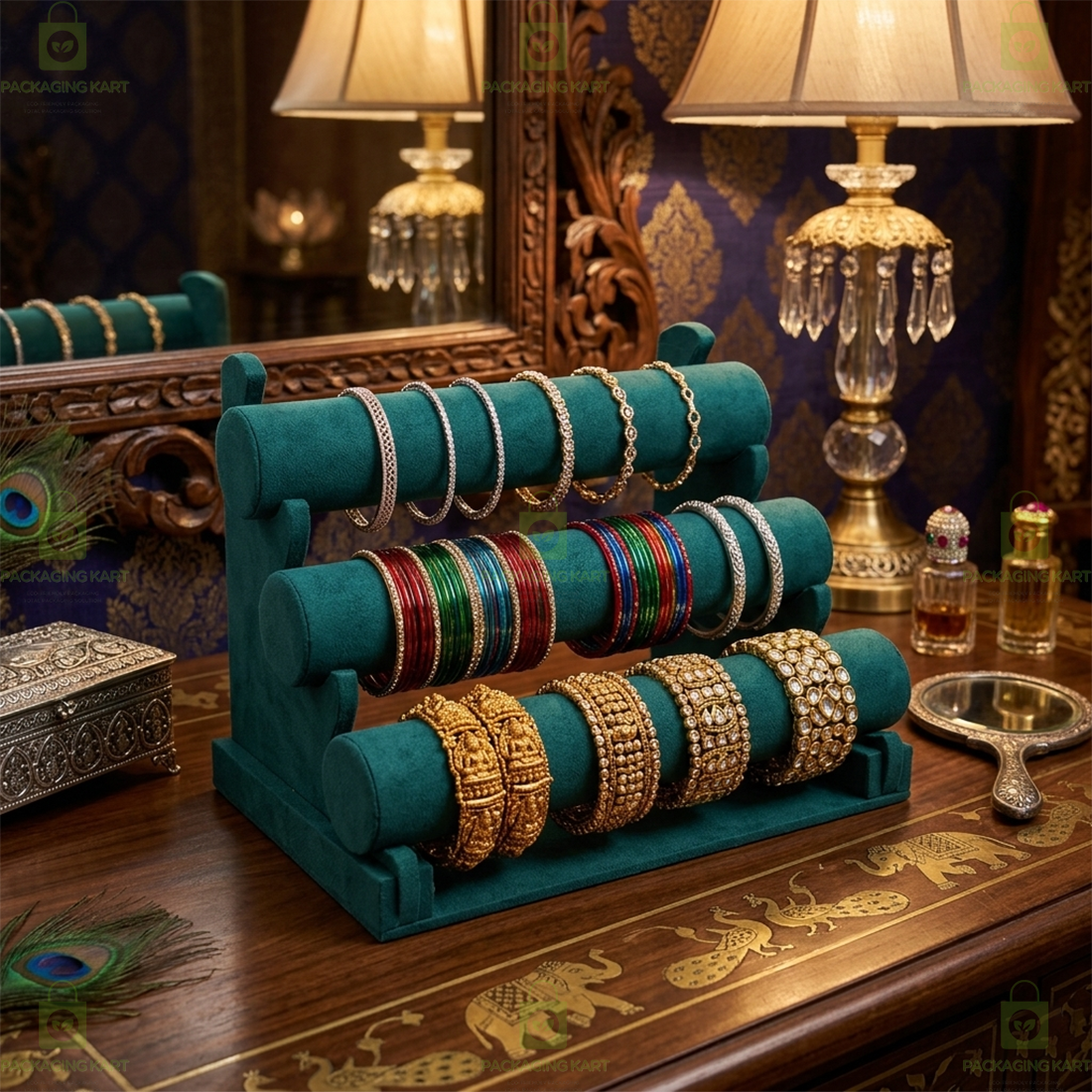 Wooden Bangle Display Stand with Velvet Finish – 3 Layer Jewellery Holder Rack