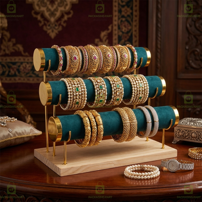 Wooden Velvet Bangles Display Stand – 3 Roll Jewellery Organizer for Bracelets & Bangles