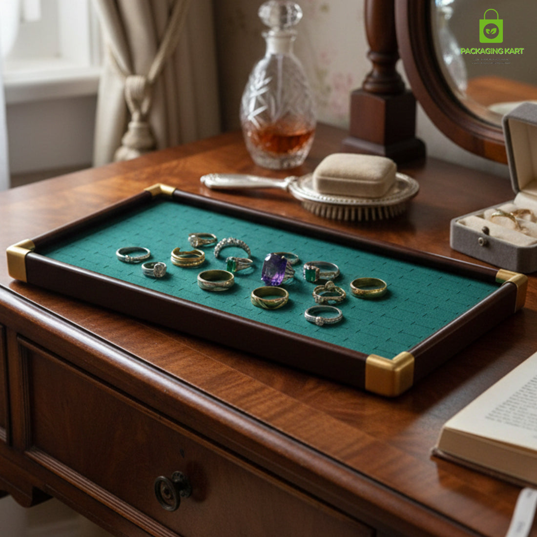 Fancy Velvet Rings Wooden Display Tray for Jewellery