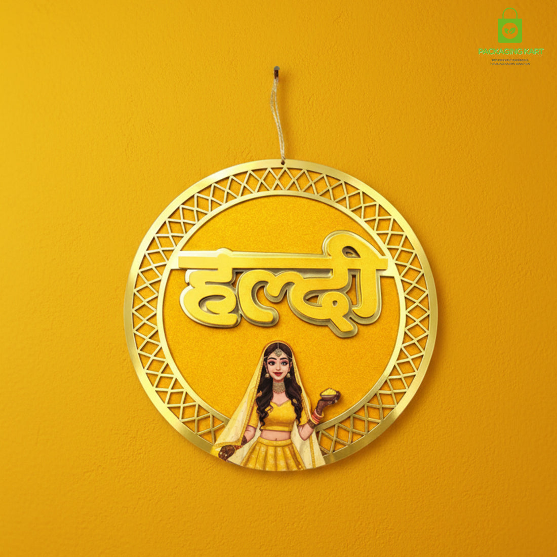 Haldi Decorations Door Board, Home Decoration Items for Wedding Ceremony Haldi, Mehndi, Subh Vivah, Shadi Wala Ghar Hanging Round Decoration (Yellow, Gold Embellishments)