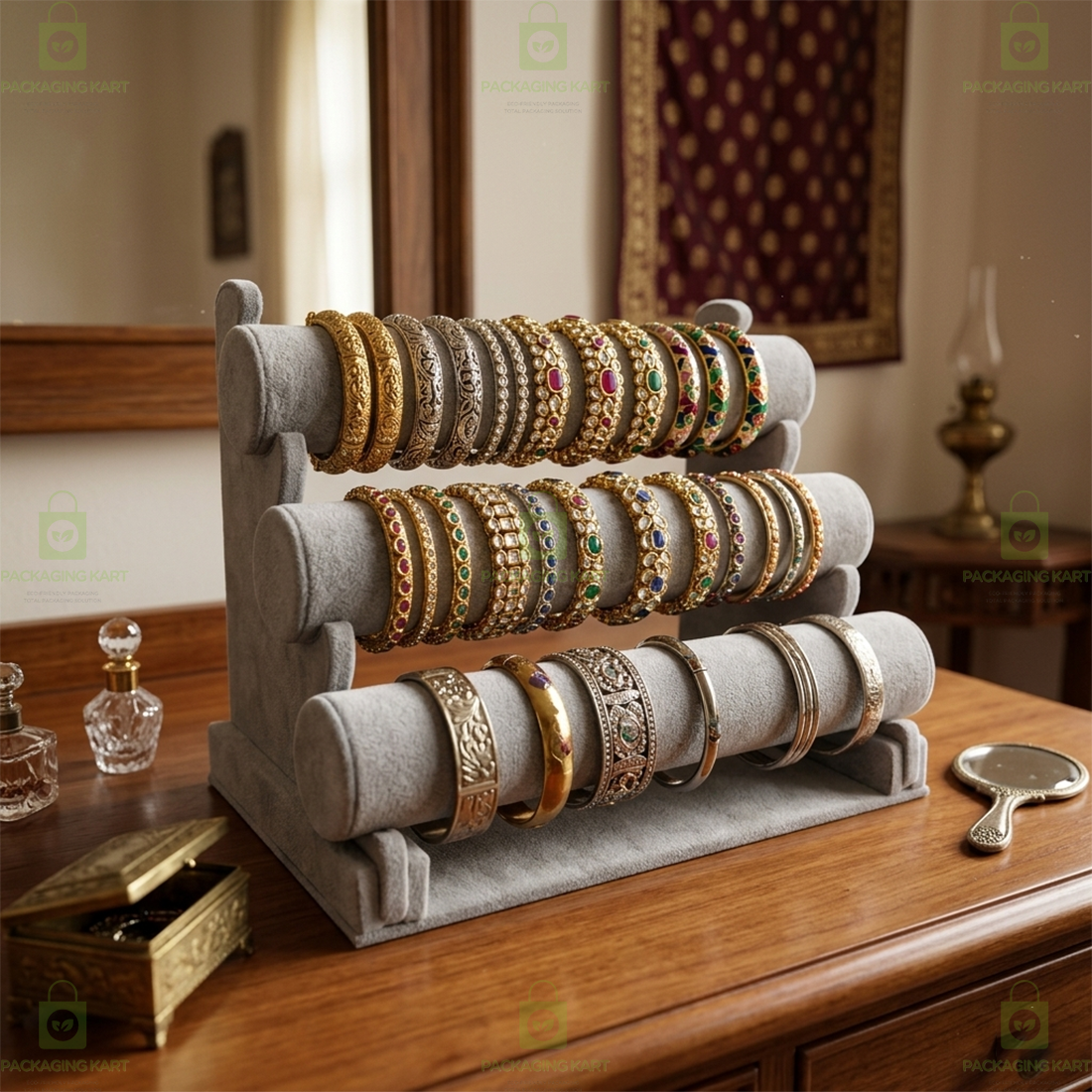 Wooden Bangle Display Stand with Velvet Finish – 3 Layer Jewellery Holder Rack