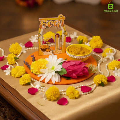 Haldi Decorations Door Board, Home Decoration Items for Wedding Ceremony Haldi, Mehndi, Subh Vivah, Shadi Wala Ghar Hanging Round Decoration (Yellow, Gold Embellishments)