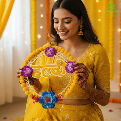 Haldi Decorations Door Board, Home Decoration Items for Wedding Ceremony Haldi, Mehndi, Subh Vivah, Shadi Wala Ghar Hanging Round Decoration (Yellow, Gold Embellishments)