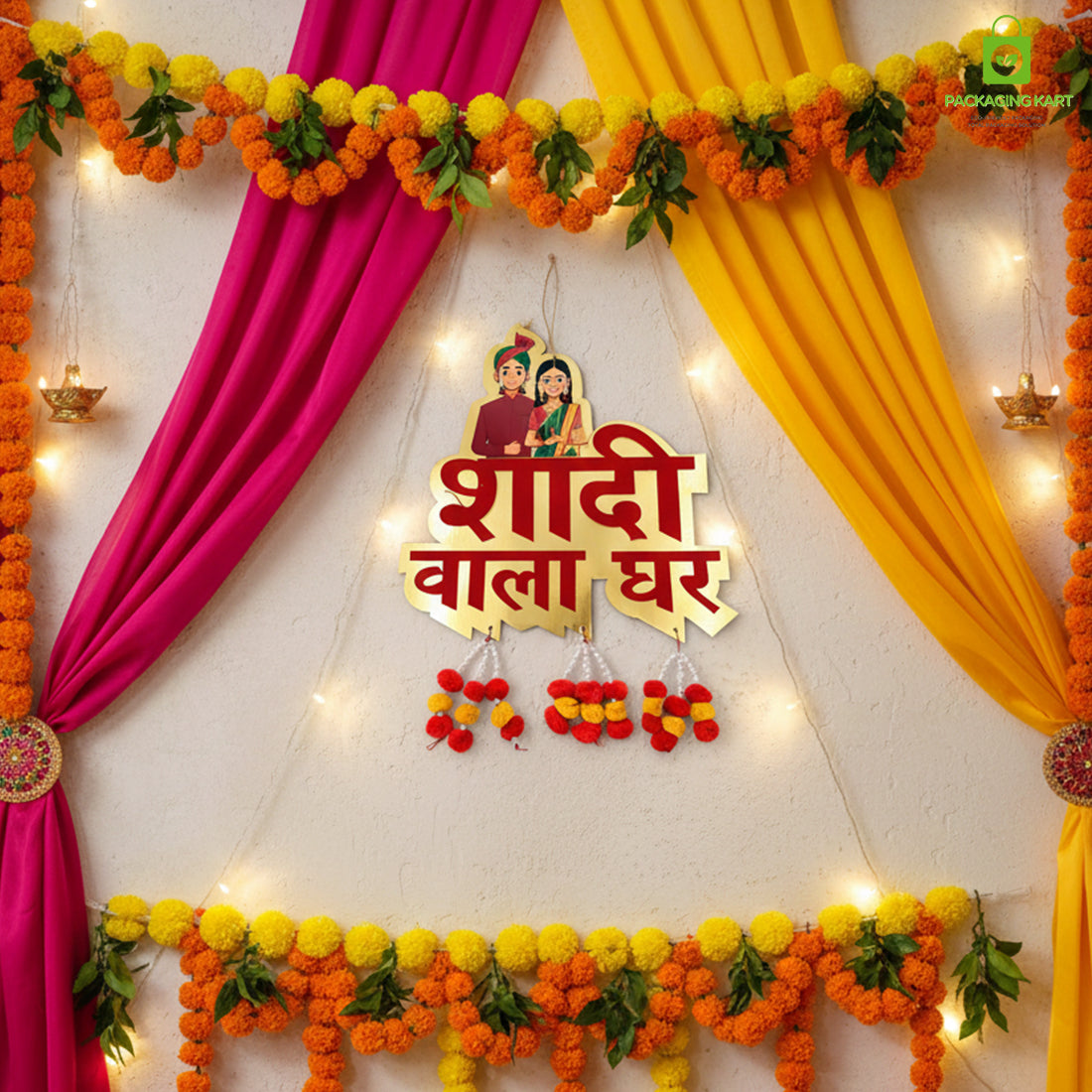 Shaadi Wala Ghar Wooden Hanging Sign Board | Wedding Decoration Door/Wall Hanging | MDF Round Cutout with Ganesh Design | Marriage Home Decor (Red & Gold)