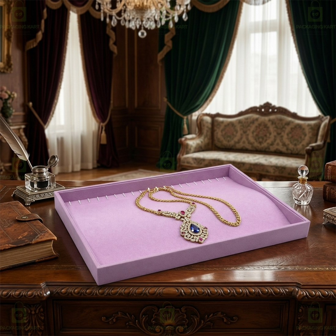 Premium Velvet Wooden Chain Tray for Jewellery Display | Elegant Necklace Organizer
