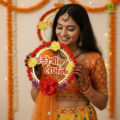 Kankotri Lekhan Ceremony Decoration Round Board | Traditional MDF Wall Hanging with Red Tassels | Wedding ceremony decoration board