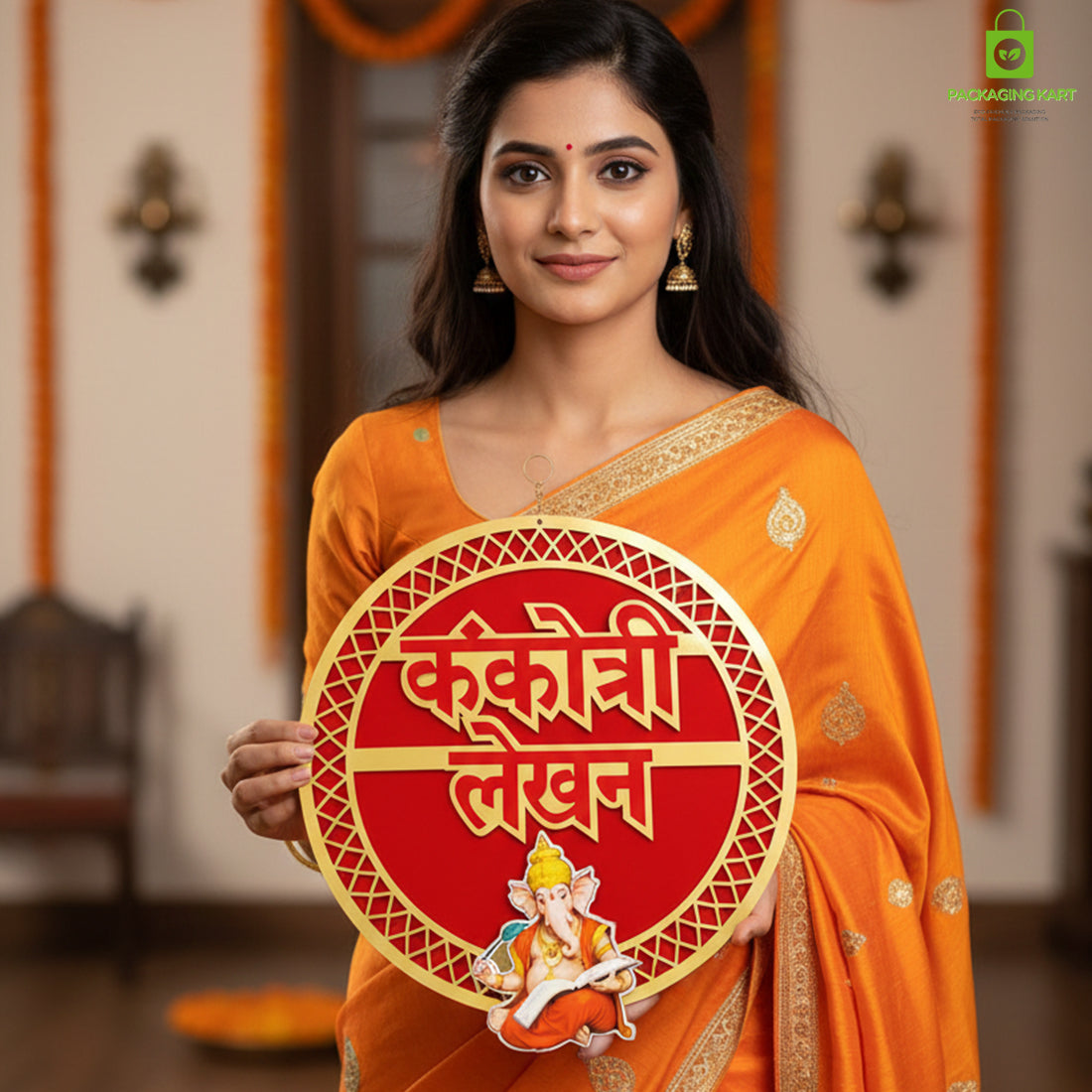 Kankotri Lekhan Ceremony Decoration Round Board | Traditional MDF Wall Hanging with Red Tassels | Wedding ceremony decoration board