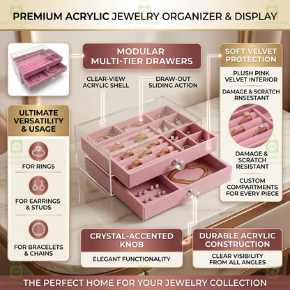 Premium 3 Tier Leather Jewellery Organizer Box with Drawer Storage for Rings, Earrings & Necklaces