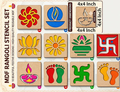 Diwali Rangoli Design Wooden Mould Set – 10 Pieces