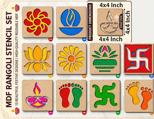 Diwali Rangoli Design Wooden Mould Set – 10 Pieces
