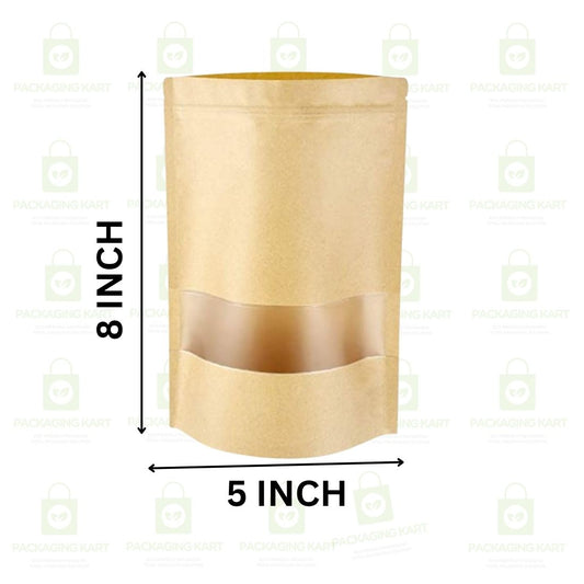 Brown Kraft Paper Zip lock Stand Up Pouches Food Grade Storage Bags with Transparent Window | Airtight Reusable for Dry Fruits, Snacks, Spices