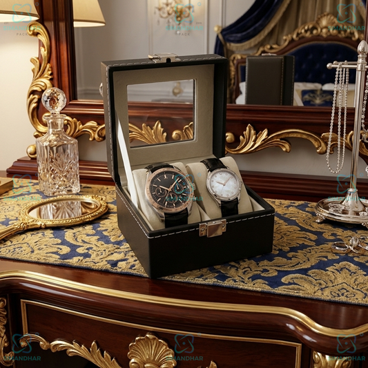 Designer 2 Slots Leather Watch Box for Gift & Collection – Velvet Interior Case