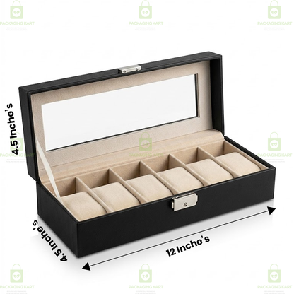 Premium 6 Compartments Velvet Watch Storage Box with Leather Finish