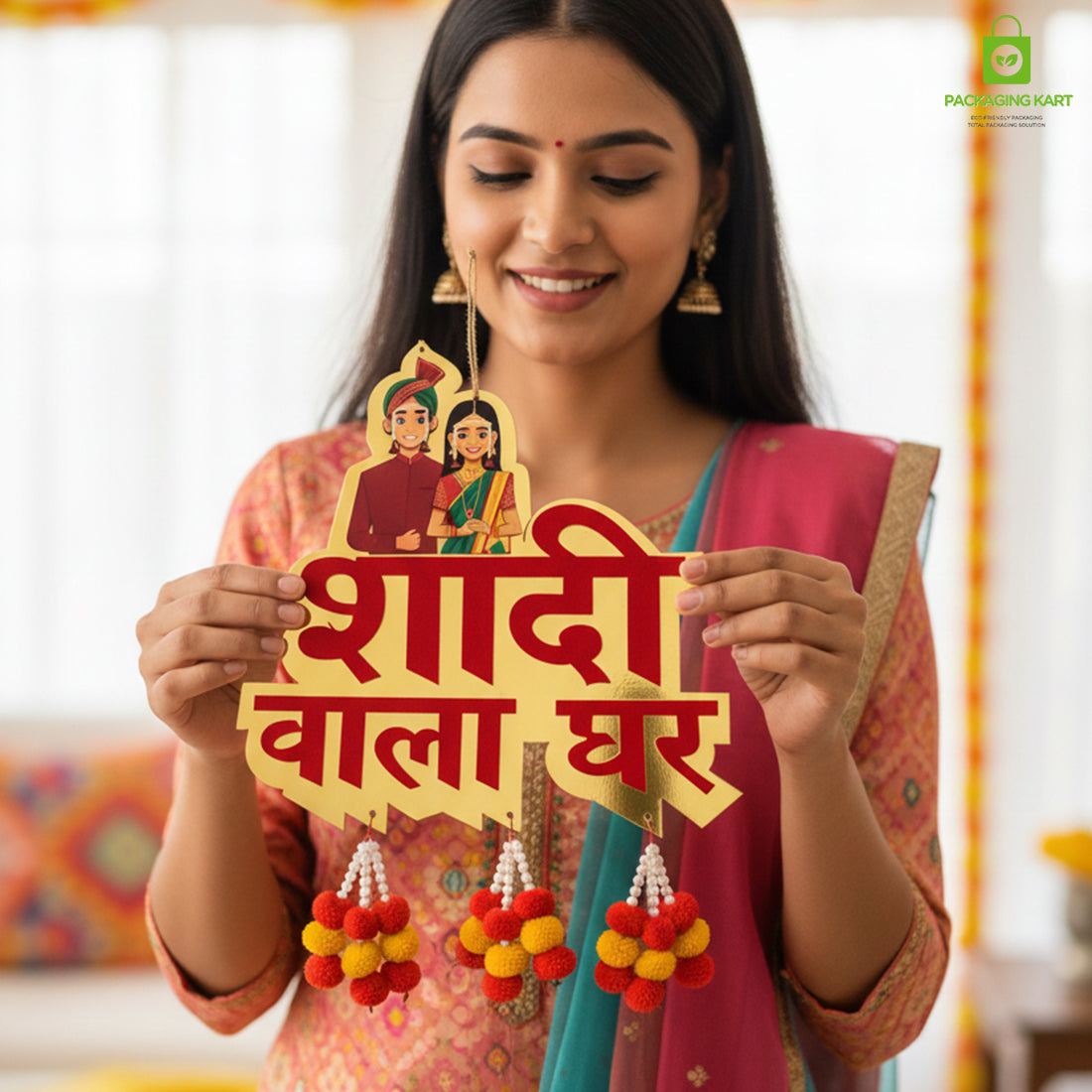 Shaadi Wala Ghar Wooden Hanging Sign Board | Wedding Decoration Door/Wall Hanging | MDF Round Cutout with Ganesh Design | Marriage Home Decor (Red & Gold)