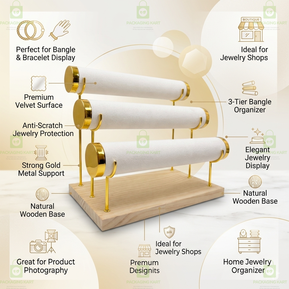Wooden Velvet Bangles Display Stand – 3 Roll Jewellery Organizer for Bracelets & Bangles