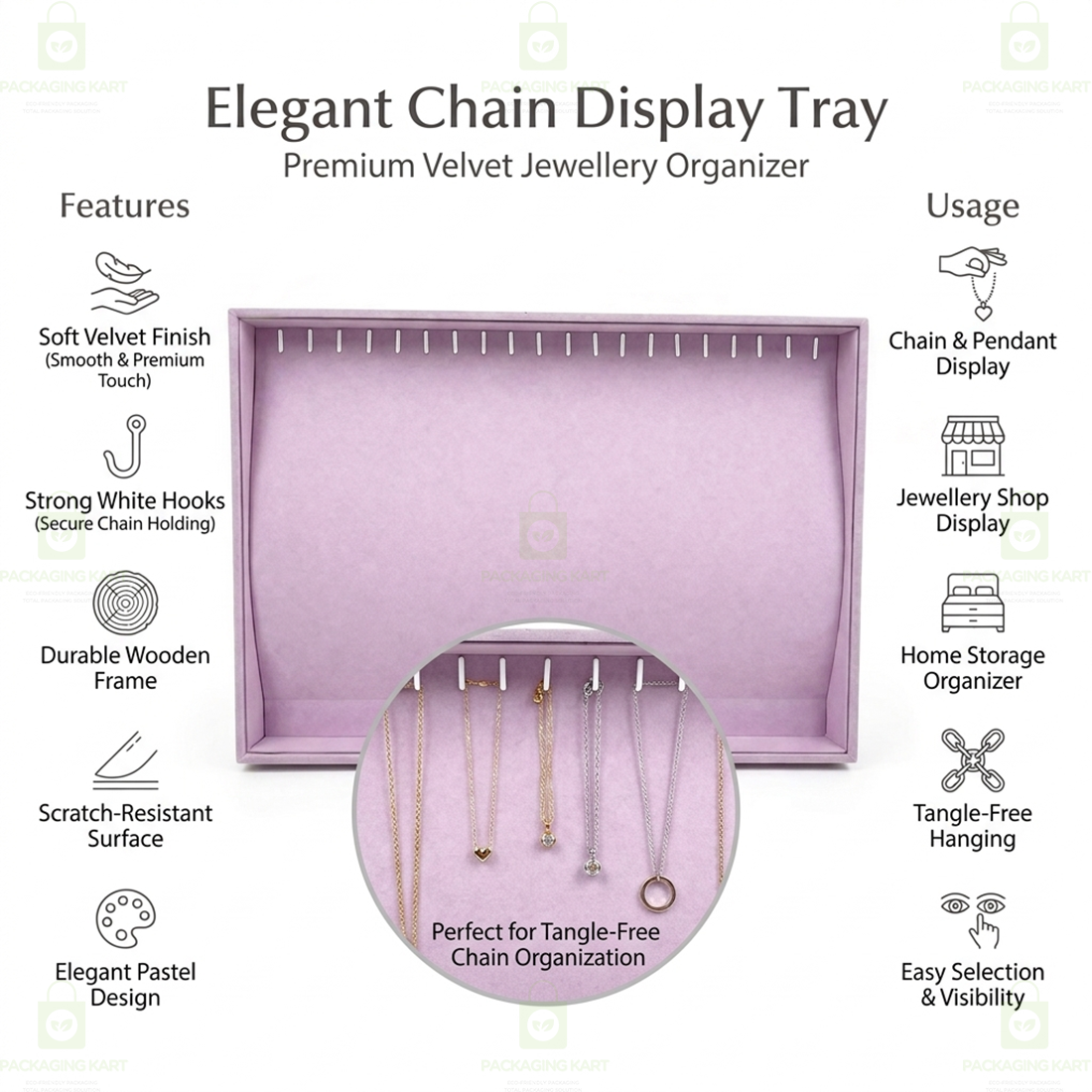 Premium Velvet Wooden Chain Tray for Jewellery Display | Elegant Necklace Organizer