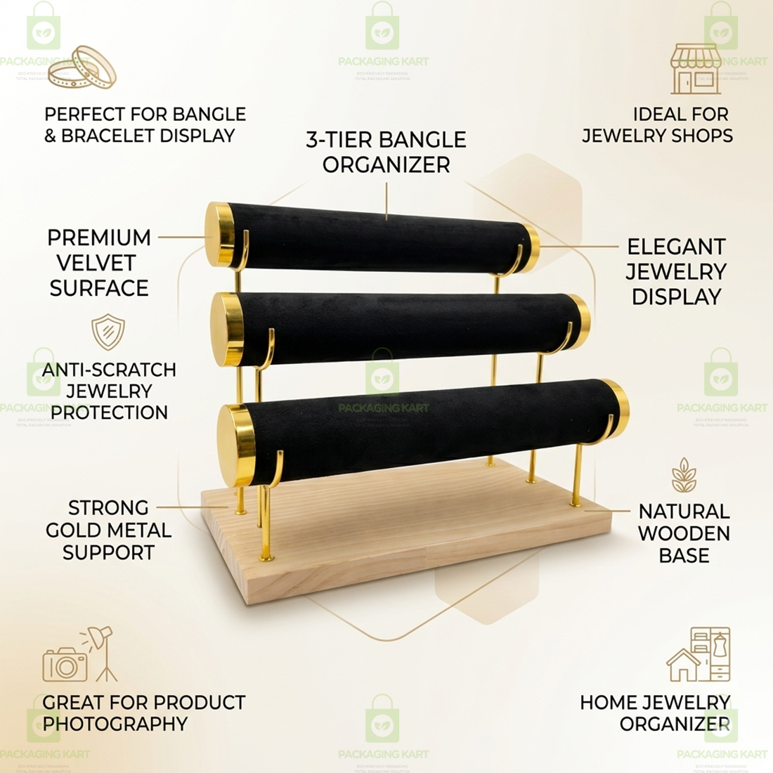 Wooden Velvet Bangles Display Stand – 3 Roll Jewellery Organizer for Bracelets & Bangles