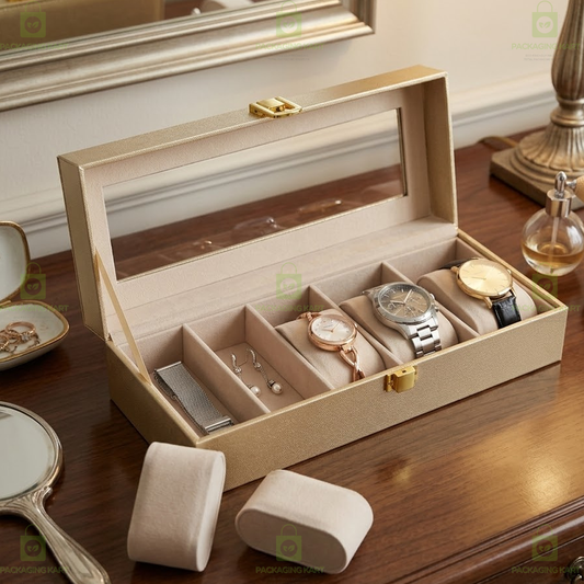 Luxury Velvet Interior Watch Organizer Box with 6 Watch Compartments