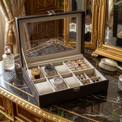 Premium Velvet Watch Storage Box with 8 Compartments & Jewellery Organizer