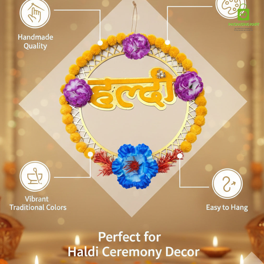 Haldi Decorations Door Board, Home Decoration Items for Wedding Ceremony Haldi, Mehndi, Subh Vivah, Shadi Wala Ghar Hanging Round Decoration (Yellow, Gold Embellishments)