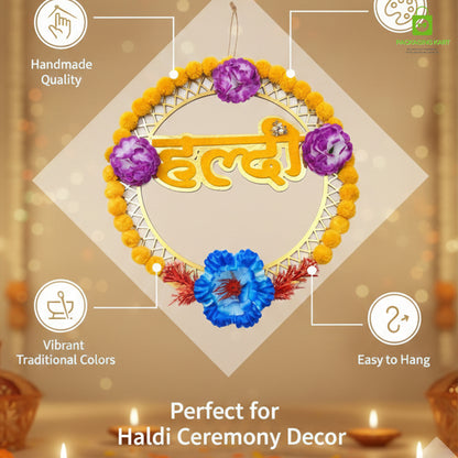 Haldi Decorations Door Board, Home Decoration Items for Wedding Ceremony Haldi, Mehndi, Subh Vivah, Shadi Wala Ghar Hanging Round Decoration (Yellow, Gold Embellishments)