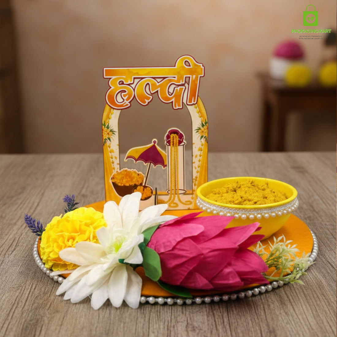 Haldi Decorations Door Board, Home Decoration Items for Wedding Ceremony Haldi, Mehndi, Subh Vivah, Shadi Wala Ghar Hanging Round Decoration (Yellow, Gold Embellishments)