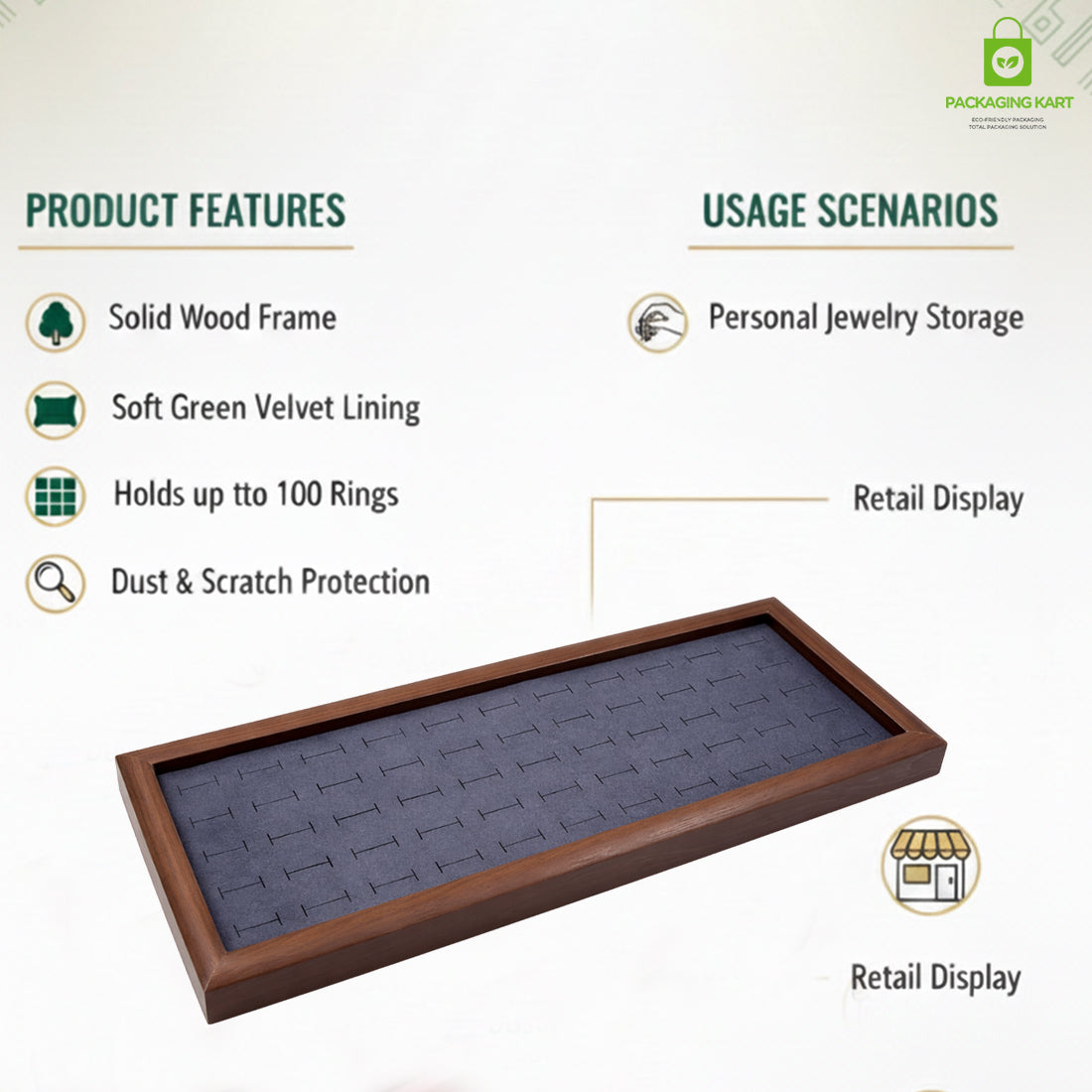 Premium Wooden Velvet Ring Tray for Jewellery Display & Storage