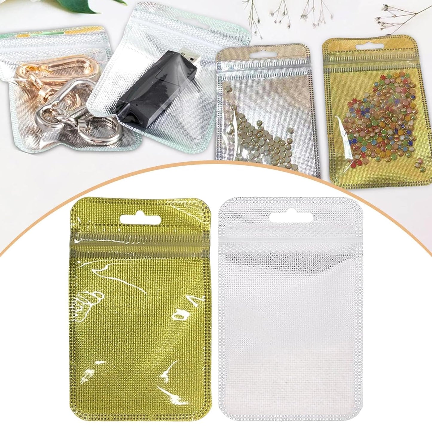 Luxury Foil Pouch Bags for Jewelry – Reusable Golden & Silver Packaging Bags