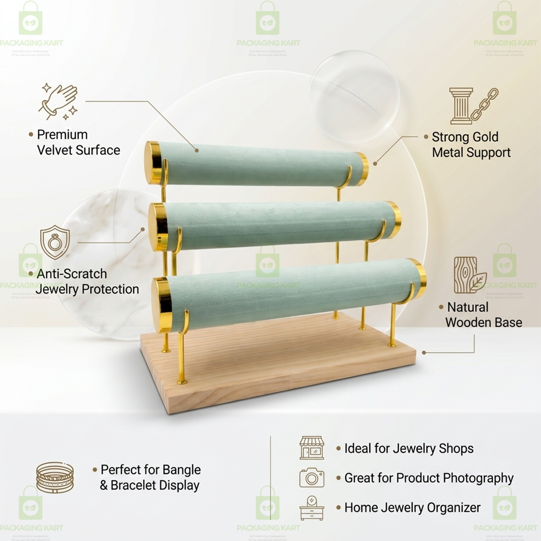 Wooden Velvet Bangles Display Stand – 3 Roll Jewellery Organizer for Bracelets & Bangles