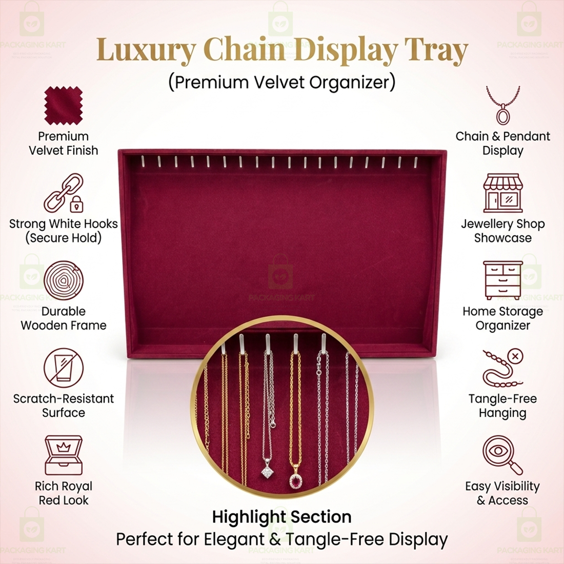 Premium Velvet Wooden Chain Tray for Jewellery Display | Elegant Necklace Organizer
