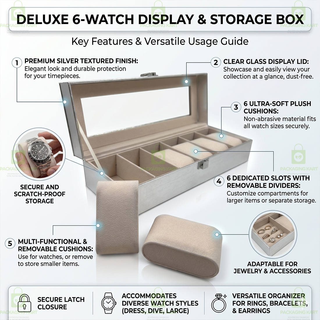 Premium PU Leather 6 Slot Watch Case for Safe Watch Storage