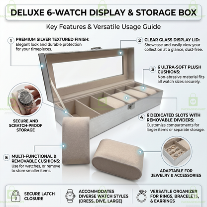 Premium PU Leather 6 Slot Watch Case for Safe Watch Storage