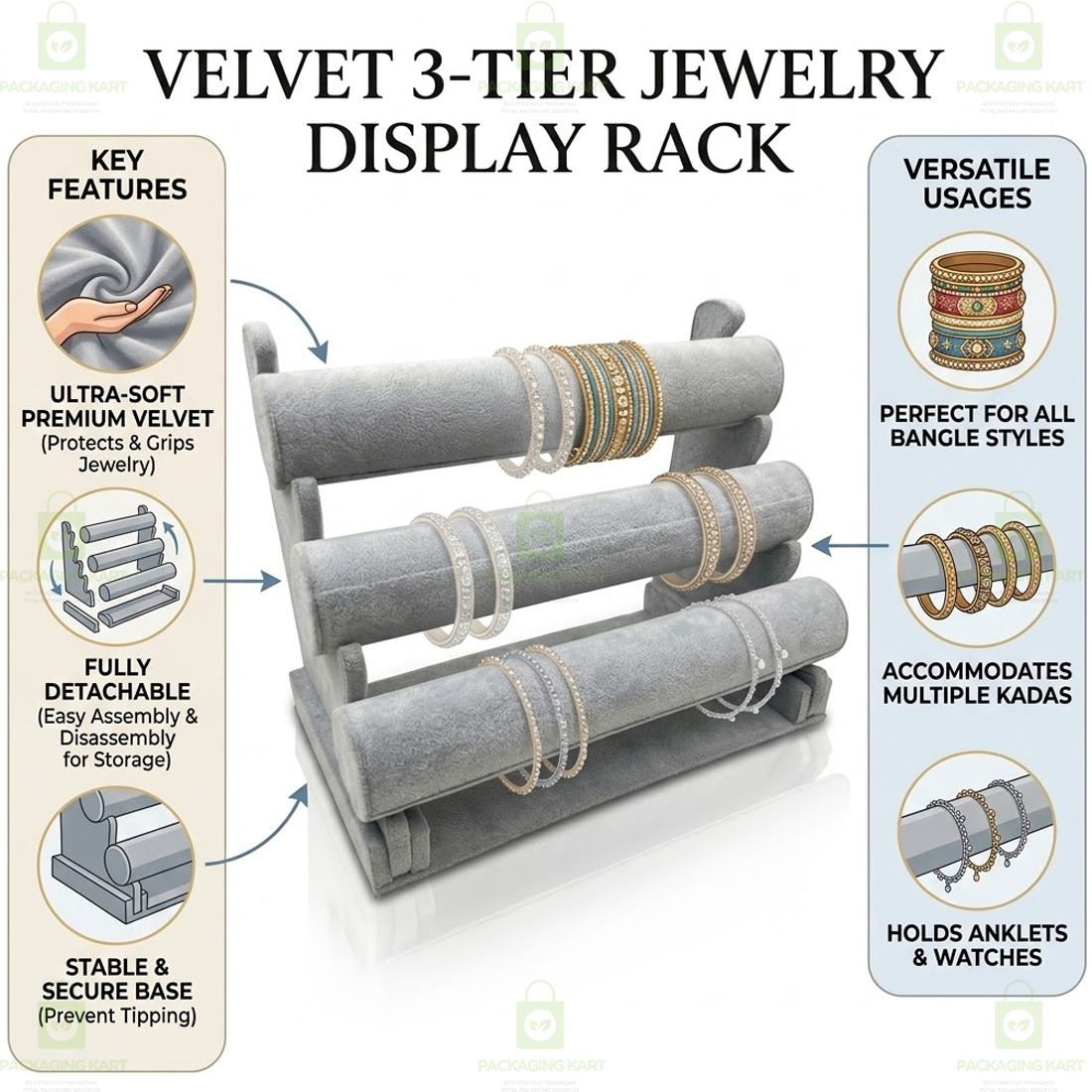 Designer Leather Velvet 3 Step Bangle Display Stand for Jewellery Shops