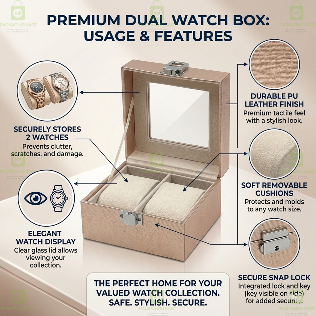 Luxury 2 Slots Watch Organizer Box with Velvet Cushion – Premium Leather Finish