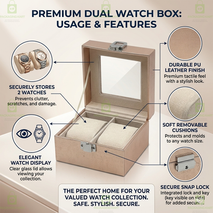 Luxury 2 Slots Watch Organizer Box with Velvet Cushion – Premium Leather Finish