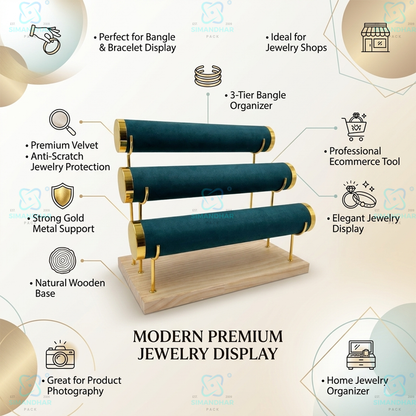 Wooden Velvet Bangles Display Stand – 3 Roll Jewellery Organizer for Bracelets & Bangles