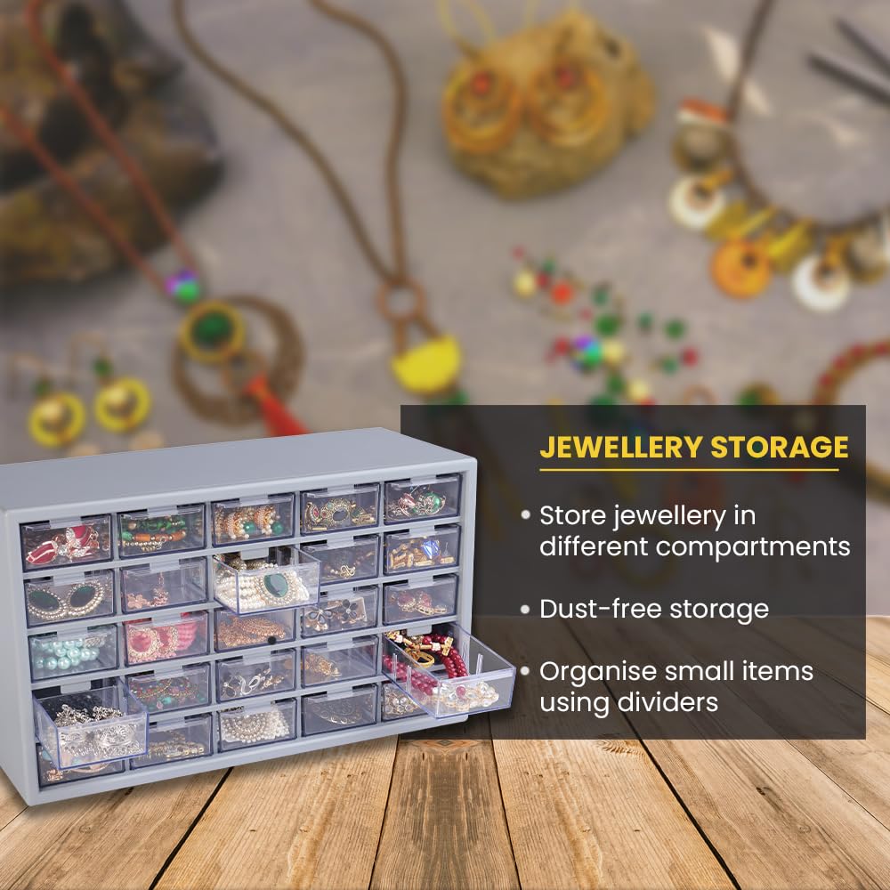25 Polypropylene Component Organiser With 25 Drawers, Small Parts Grey Storage Jewellery | Craft | Sewing Cabinets | Screws | Nuts | Bolts | Tool Organiser | DIY | Clinic | Hospital