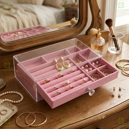 Premium 3 Tier Leather Jewellery Organizer Box with Drawer Storage for Rings, Earrings & Necklaces
