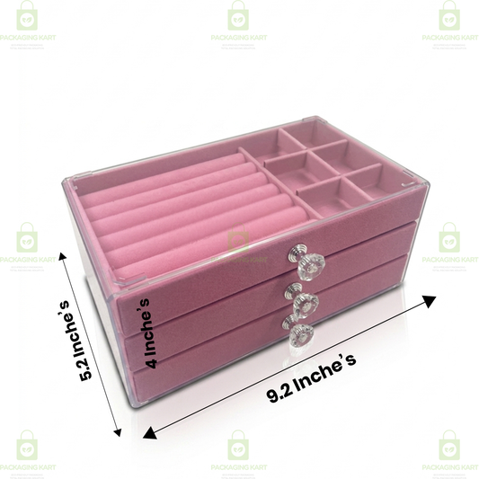 Premium 3 Tier Leather Jewellery Organizer Box with Drawer Storage for Rings, Earrings & Necklaces