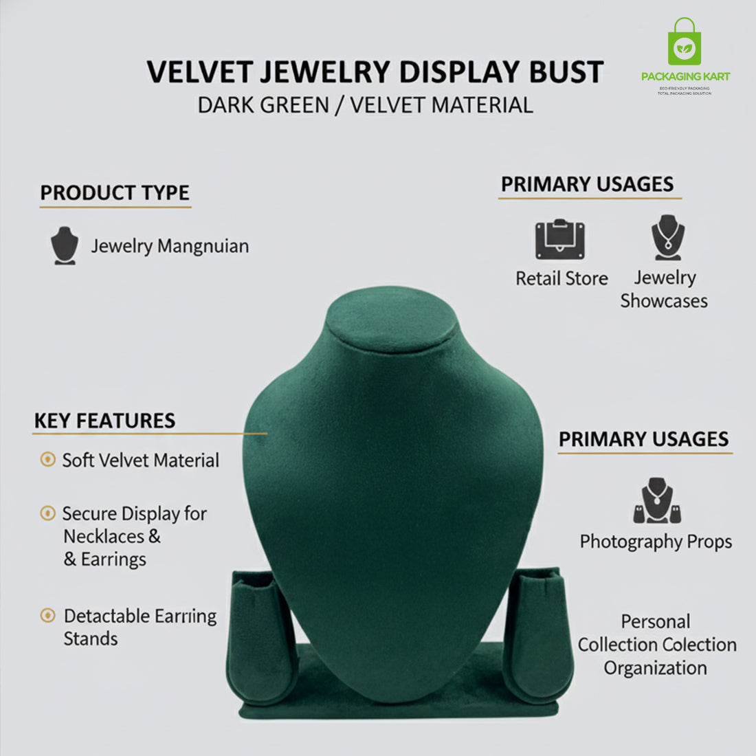 Luxury Velvet Green Jewellery Statue | Showcase Stand