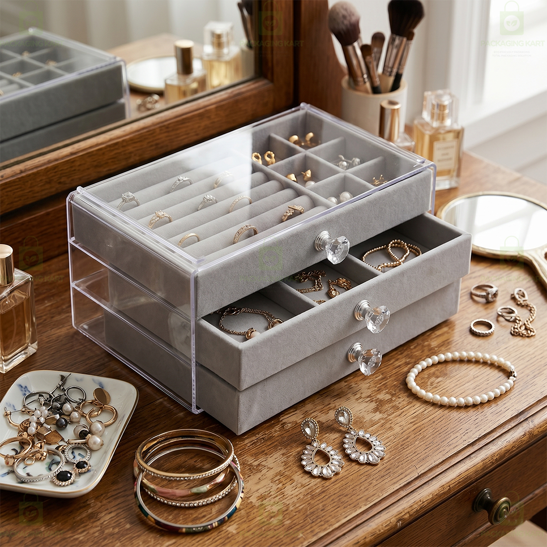 Premium 3 Tier Leather Jewellery Organizer Box with Drawer Storage for Rings, Earrings & Necklaces