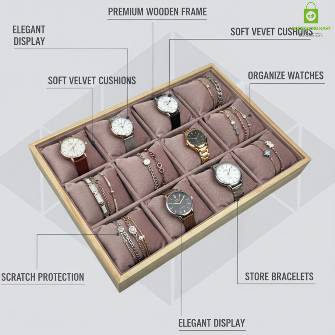 Wooden Jewellery Display Tray for Showroom Use – Watch, Kada & Bracelet (12 Slots)